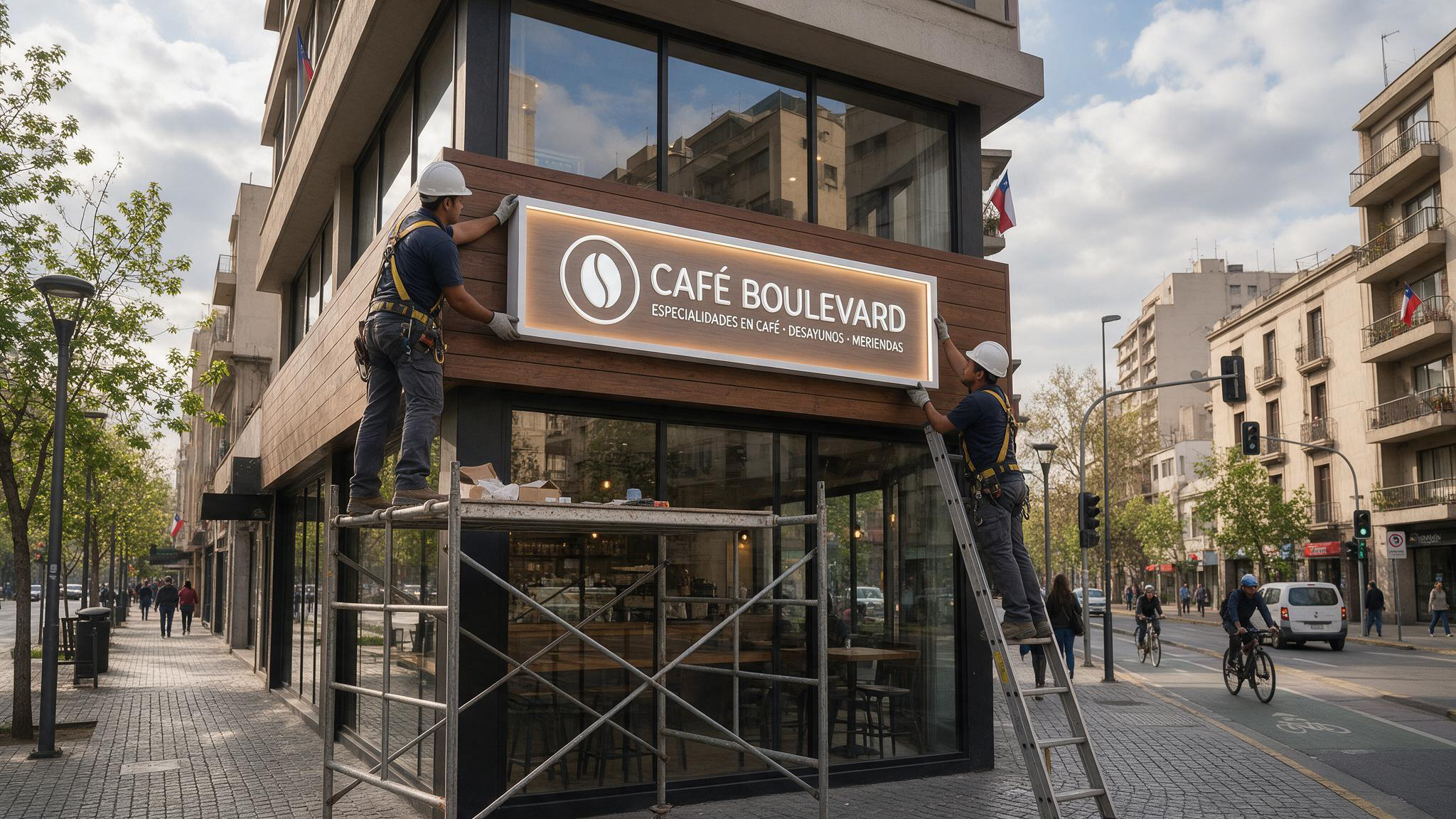 Instaladores montando un letrero corporativo